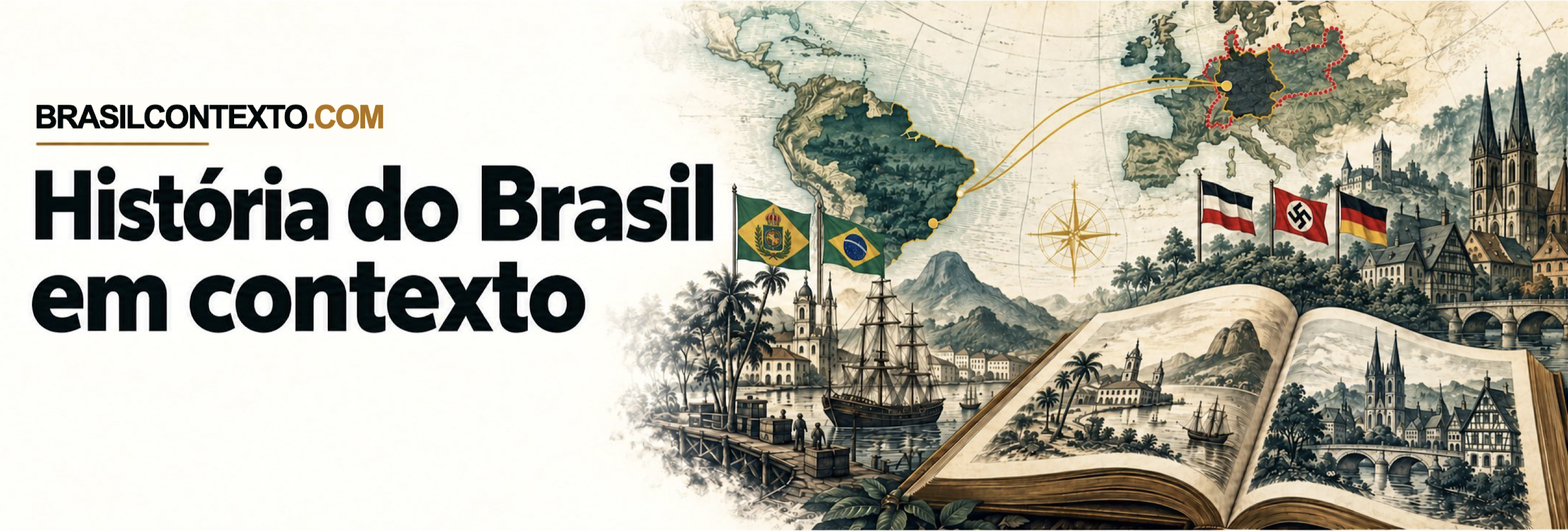 História do Brasil em contexto: bandeiras históricas e atuais do Brasil e da Alemanha; contorno ilustrativo do Império Alemão em vermelho pontilhado.